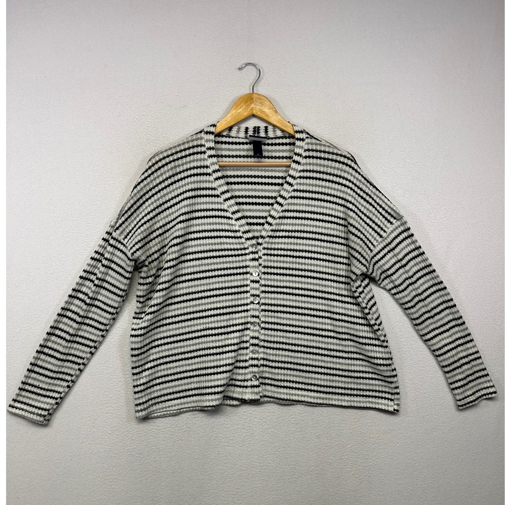 Grunge Minimalist Daytrip Womens Size M White Black Striped Waffle Knit Cardigan